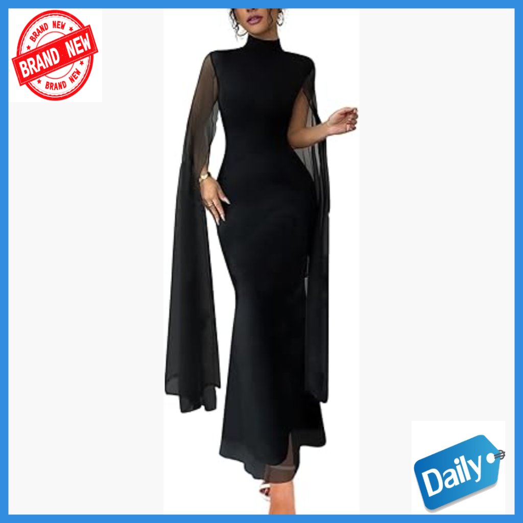 Mock Neck Bodycon Maxi Dress With Cape Sleeves Formal Evening Gown